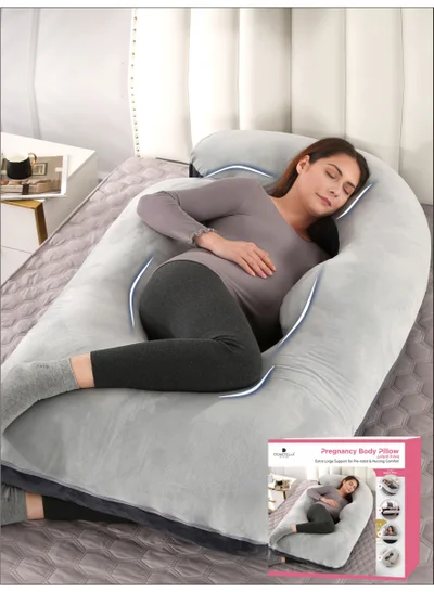 Donetella G-Shape Pregnancy Pillow – 180 cm Full Body Maternity Support Pillow with Removable Washable Velvet Cover – Support for Back, Legs, Belly & Hips – Grey