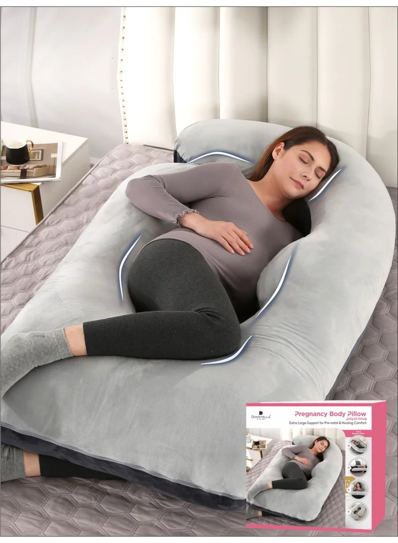 Donetella G-Shape Pregnancy Pillow – 180 cm Full Body Maternity Support Pillow with Removable Washable Velvet Cover – Support for Back, Legs, Belly & Hips – Grey