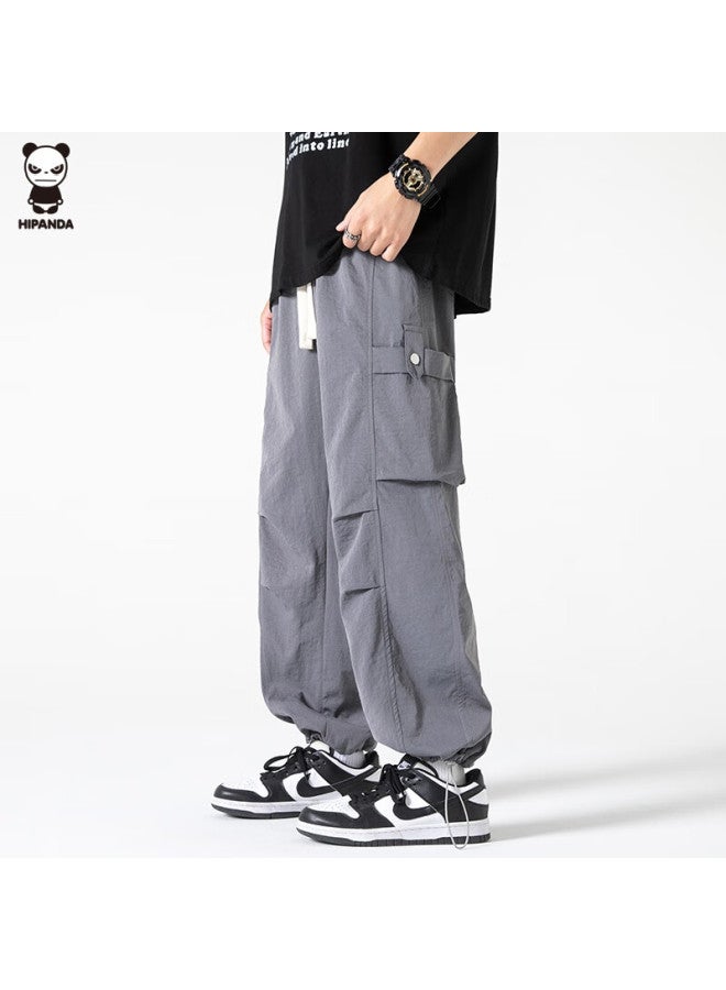Hipanda Men's Casual Pants, Autumn Ice Silk Quick-dry Versatile Straight-leg Functional Sports Tactical Cargo Pants, Gray, Size L - Image 2
