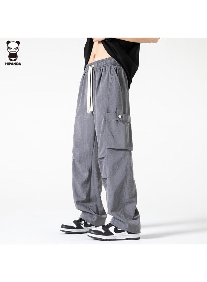Hipanda Men's Casual Pants, Autumn Ice Silk Quick-dry Versatile Straight-leg Functional Sports Tactical Cargo Pants, Gray, Size L - Image 1