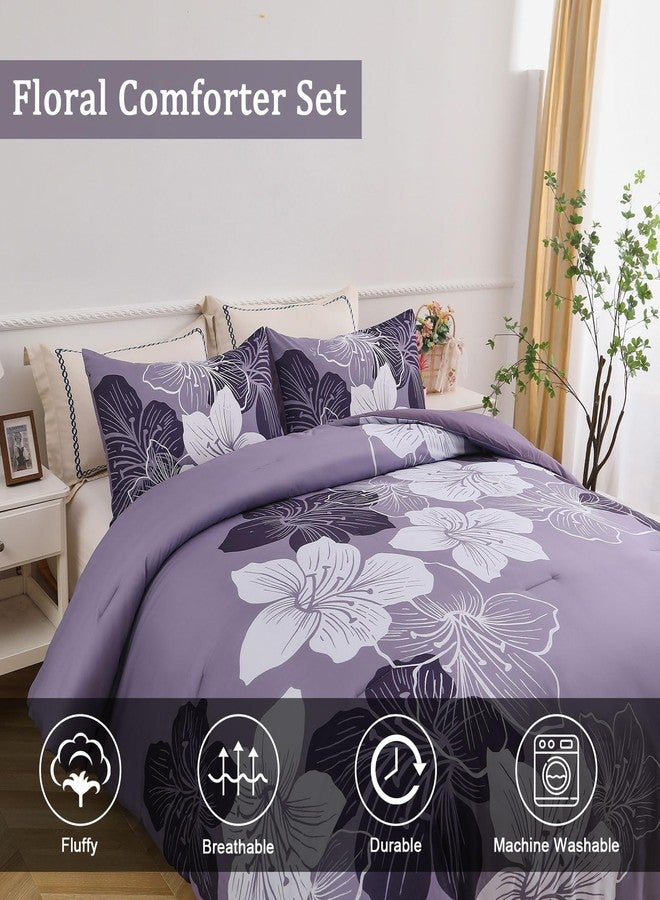 Menghomeus California King Comforter Set Dark Purple Floral Bedding Comforter Sets - Soft Microfiber Bed Set for All Season 3 Piece Botanical Flowers Comforter, Pillowcases - Image 4