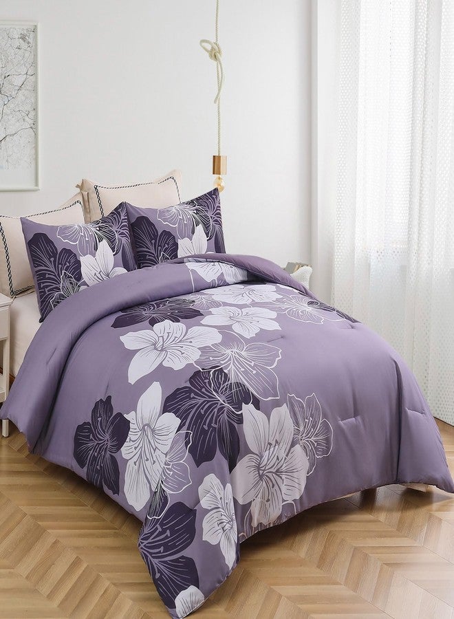 Menghomeus California King Comforter Set Dark Purple Floral Bedding Comforter Sets - Soft Microfiber Bed Set for All Season 3 Piece Botanical Flowers Comforter, Pillowcases - Image 2