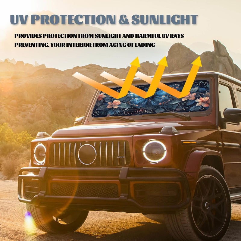 Qoueucc Blue Butterfly Car Windshield Sunshade Folding Retro Flowers Leaves Heatshield Front Window Car Sun â€‹Shade Windshield Block UV Rays Sun Shade Visor Protector for Car Sedan Truck SUV Accessories - Image 5
