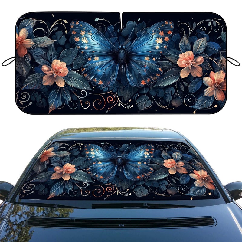 Qoueucc Blue Butterfly Car Windshield Sunshade Folding Retro Flowers Leaves Heatshield Front Window Car Sun â€‹Shade Windshield Block UV Rays Sun Shade Visor Protector for Car Sedan Truck SUV Accessories - Image 1