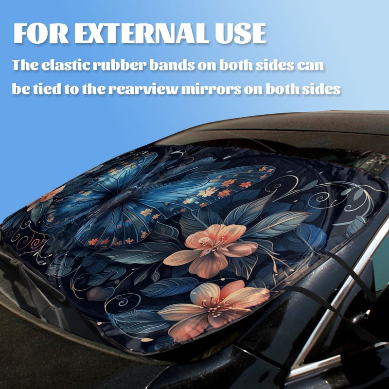 Qoueucc Blue Butterfly Car Windshield Sunshade Folding Retro Flowers Leaves Heatshield Front Window Car Sun â€‹Shade Windshield Block UV Rays Sun Shade Visor Protector for Car Sedan Truck SUV Accessories - Image 3