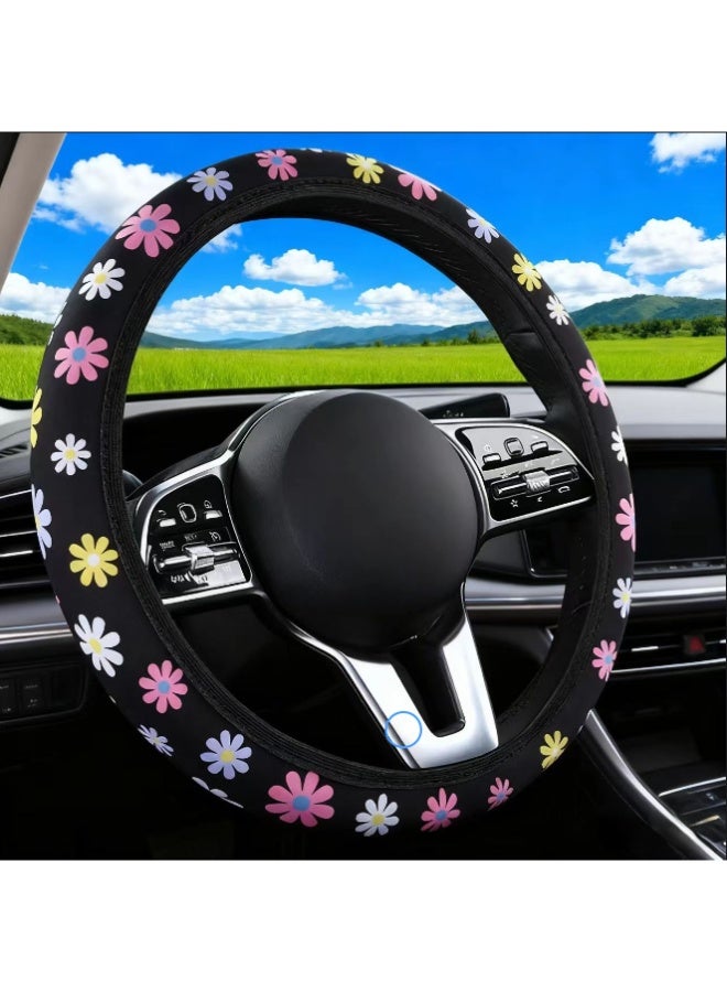 بيوينتي مجموعة اكسسوارات سيارة مطبوعة بتصميم زهور لطيفة من 3 قطع، 1غطاء عجلة القيادة و1غطاء فرامل اليد و 1غطاء جير السيارة لتزيين سيارة النساء والفتيات - Image 1