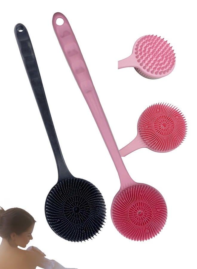 فَرَحُوم قطعتان من ليفة الظهر المصنوعة من السيليكون للاستحمام، فرشاة جسم بمقبض طويل للرجال والنساء، فرشاة استحمام مزدوجة الجانبين للتقشير والتدليك (فرشاة واحدة باللون الوردي وأخرى باللون الأسود). - Image 1