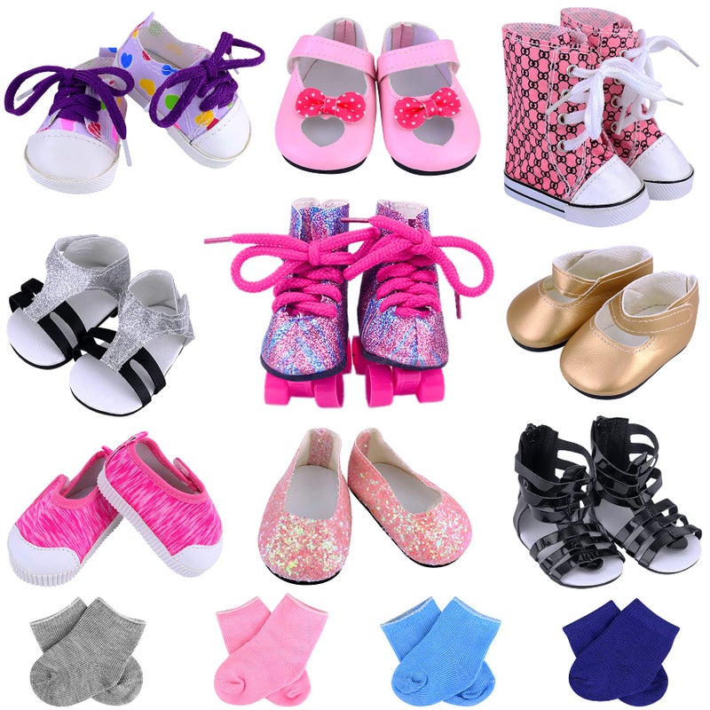 Ecore Fun 18 Inch Girl Doll Accessories Includes 9 Pairs of Shoes and 4 Pairs of Random Color Socks Fit for 18 Inch Girl Doll - Sandals, Casual and Canvas Shoes, , Roller Skates ect - Image 1