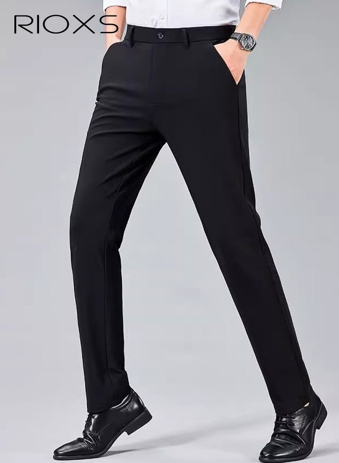 ريوكس بنطلونات رجالية رسمية، بنطلونات رجالية رسمية ضيقة غير رسمية، بنطلونات رجالية رياضية للغولف قابلة للتنفس وخالية من التجاعيد مع جيوب، بنطلونات رسمية مريحة قابلة للتمدد عند الخصر للعمل والاجتماعات والمواعيد الغرامية وحفلات التخرج والزفاف وغيرها، أسود - Image 1