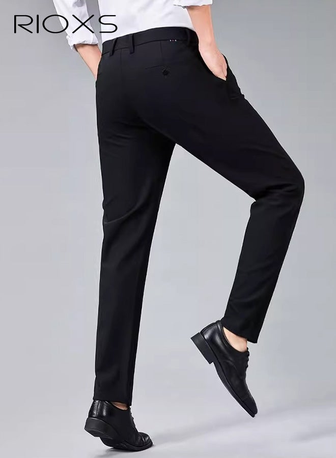 ريوكس بنطلونات رجالية رسمية، بنطلونات رجالية رسمية ضيقة غير رسمية، بنطلونات رجالية رياضية للغولف قابلة للتنفس وخالية من التجاعيد مع جيوب، بنطلونات رسمية مريحة قابلة للتمدد عند الخصر للعمل والاجتماعات والمواعيد الغرامية وحفلات التخرج والزفاف وغيرها، أسود - Image 3