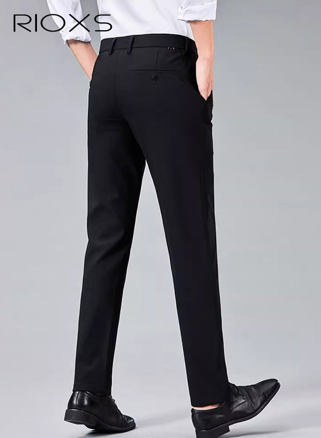 ريوكس بنطلونات رجالية رسمية، بنطلونات رجالية رسمية ضيقة غير رسمية، بنطلونات رجالية رياضية للغولف قابلة للتنفس وخالية من التجاعيد مع جيوب، بنطلونات رسمية مريحة قابلة للتمدد عند الخصر للعمل والاجتماعات والمواعيد الغرامية وحفلات التخرج والزفاف وغيرها، أسود - Image 4