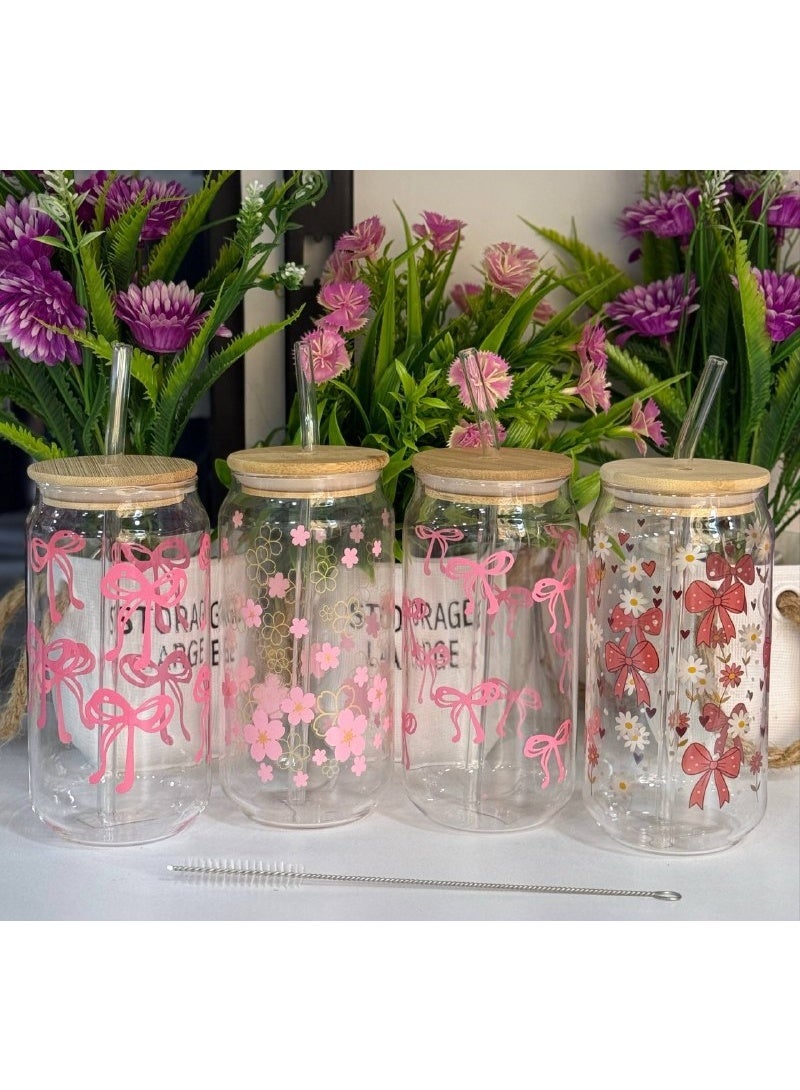 Assorted Glass Can-Shaped Cups with Bows (550 ml)