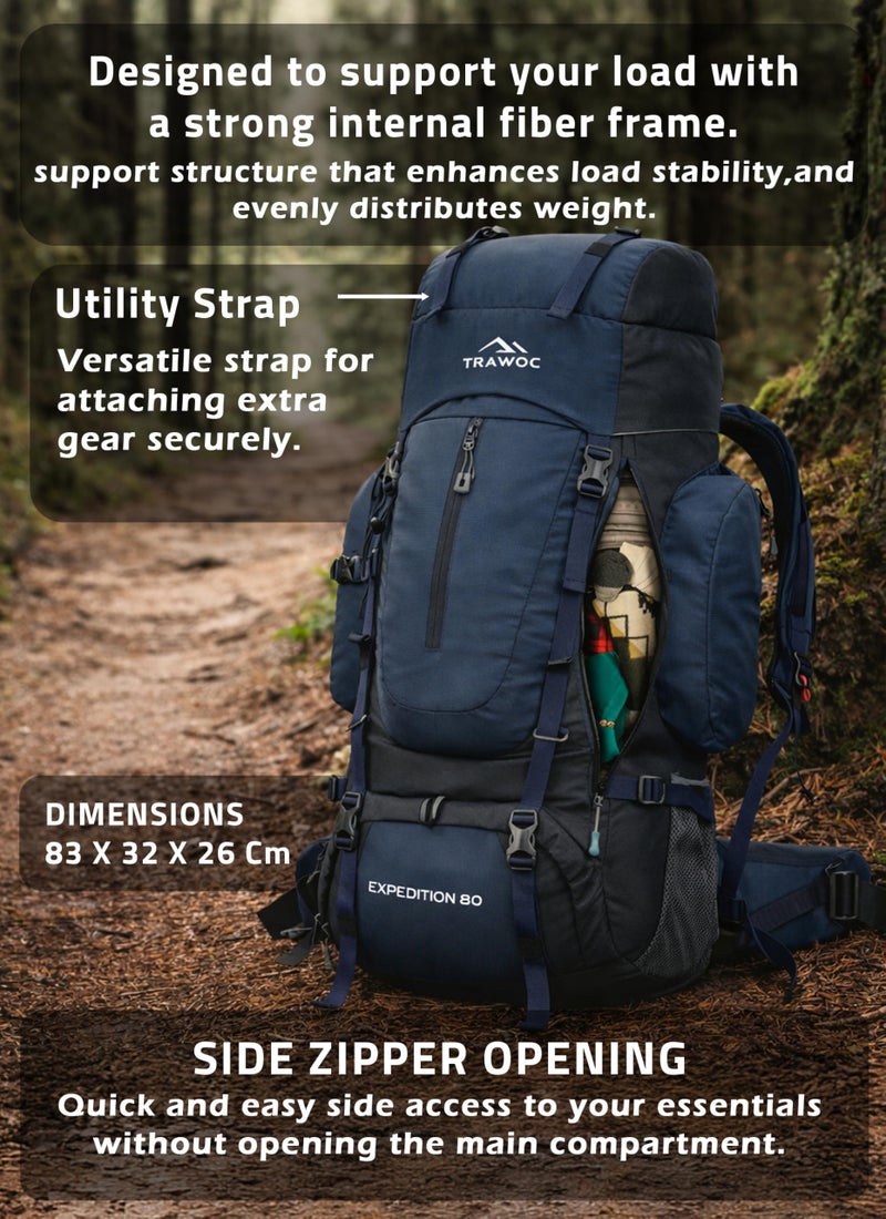 TRAWOC EXPEDITION 80L Travel Backpack Camping Hiking Rucksack Trekking Bag for Men & Women with Water Proof Rain Cover/Shoe Compartment BHK001 Navy Blue - Image 3
