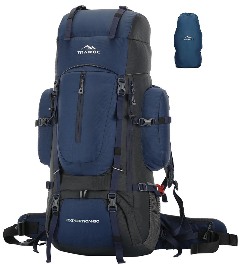 TRAWOC EXPEDITION 80L Travel Backpack Camping Hiking Rucksack Trekking Bag for Men & Women with Water Proof Rain Cover/Shoe Compartment BHK001 Navy Blue - Image 1