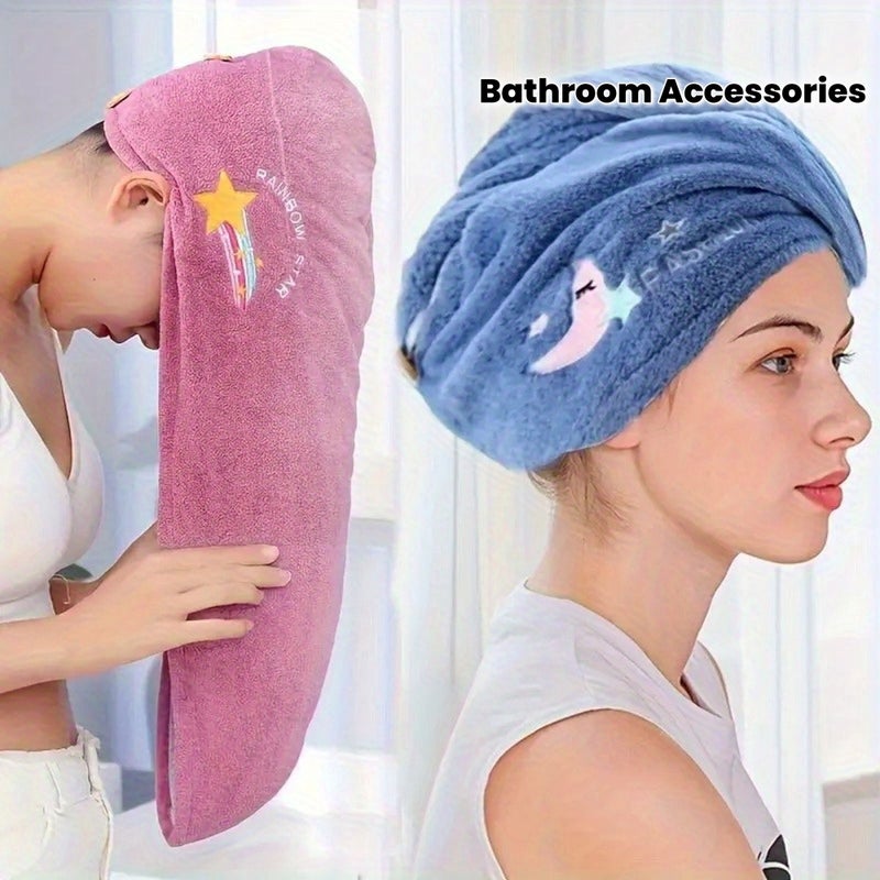 Quick Dry Hair Towel For Women Absorbent Blue With Cartoon Embroidery Polyester Bath Accessory - Image 5