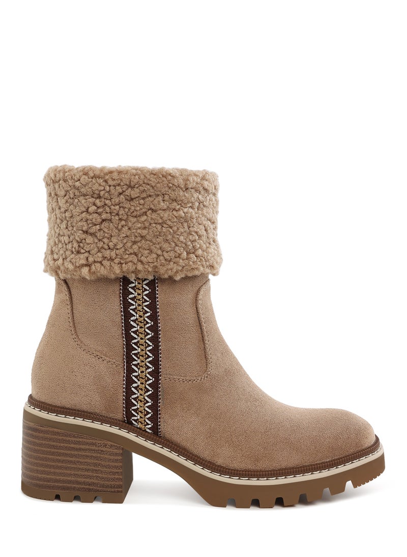 London Rag Faux Fur & Embroidery Detail Boots in Beige  - Image 1