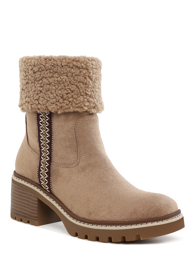 London Rag Faux Fur & Embroidery Detail Boots in Beige  - Image 2