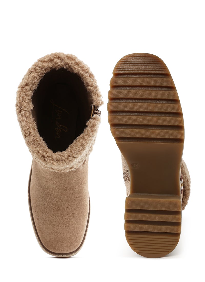 London Rag Faux Fur & Embroidery Detail Boots in Beige  - Image 4