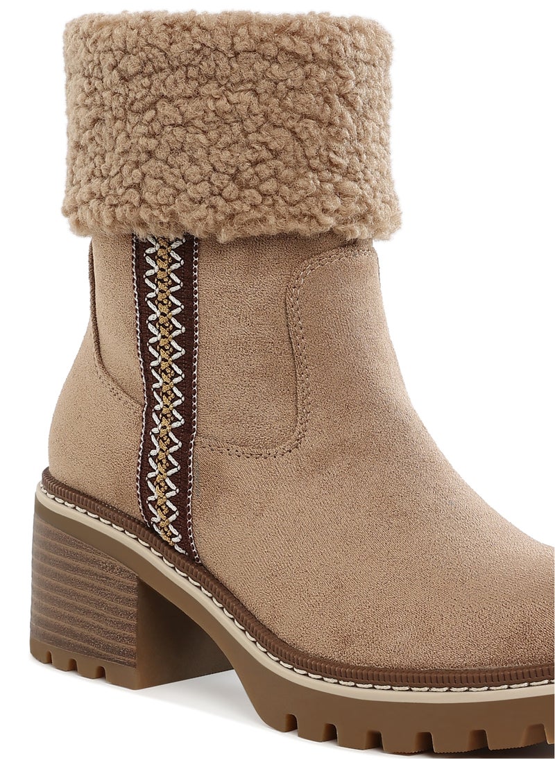 London Rag Faux Fur & Embroidery Detail Boots in Beige  - Image 5