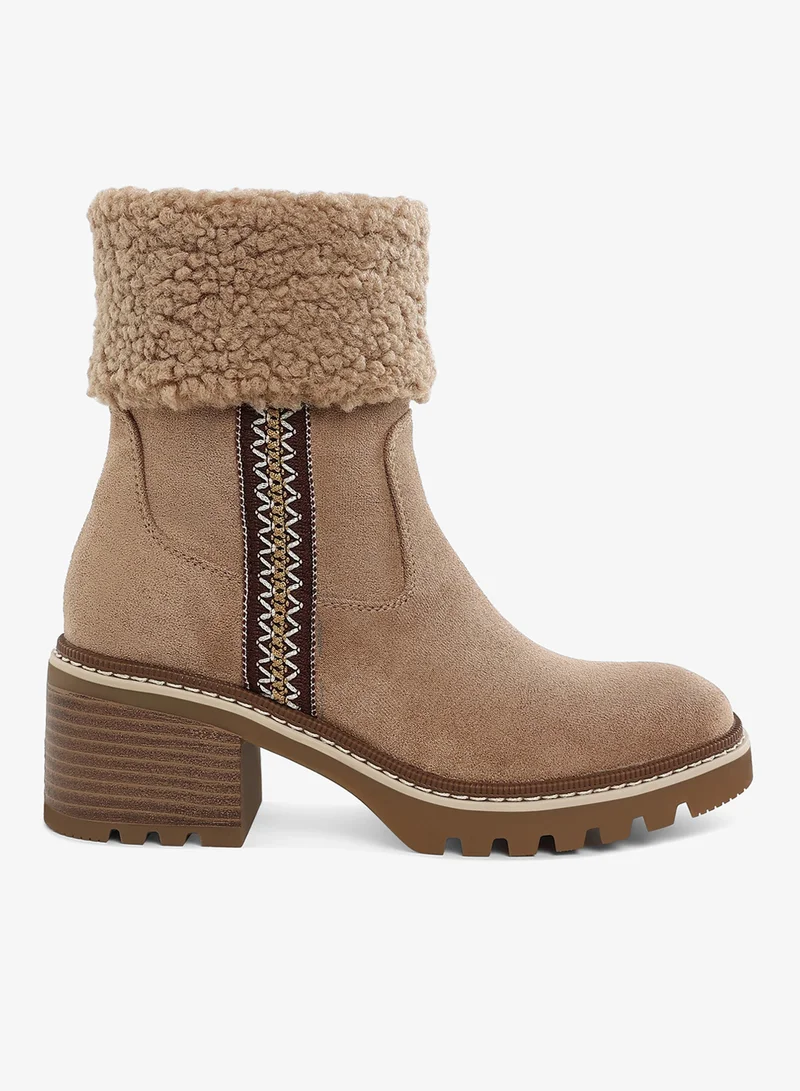 Faux Fur & Embroidery Detail Boots in Beige