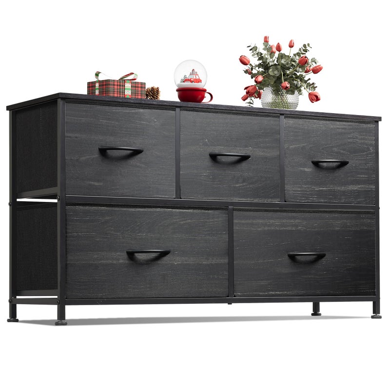 WLIVE Dresser for Bedroom with 5 Drawers, Wide Chest of Drawers, Fabric Dresser, Storage Organizer Unit with Fabric Bins for Closet, Living Room, Hallway, Charcoal Black Wood Grain Print - Image 1