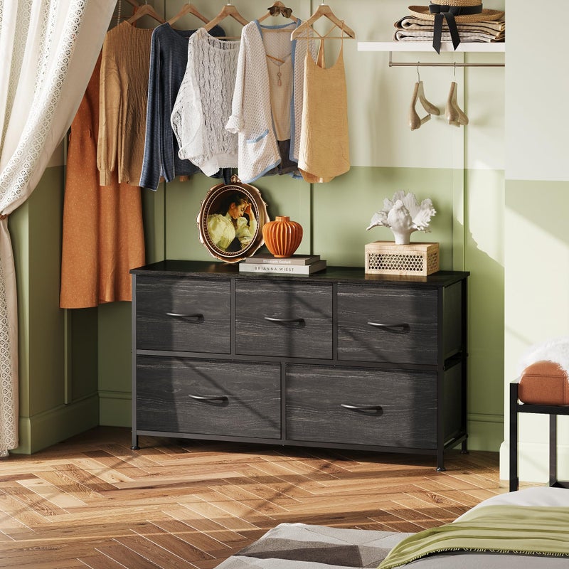 WLIVE Dresser for Bedroom with 5 Drawers, Wide Chest of Drawers, Fabric Dresser, Storage Organizer Unit with Fabric Bins for Closet, Living Room, Hallway, Charcoal Black Wood Grain Print - Image 3