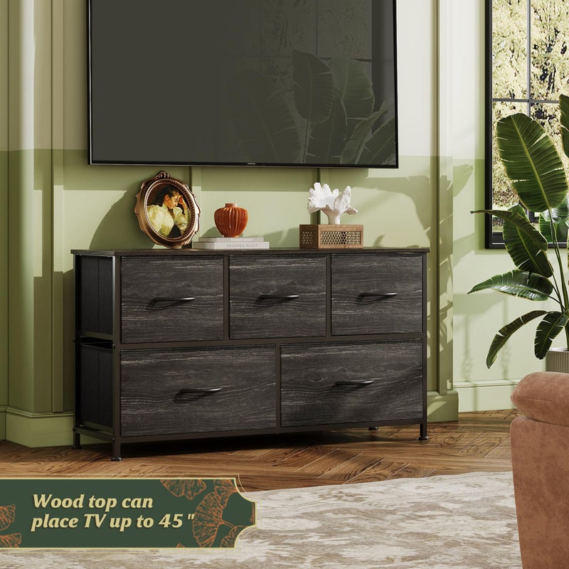 WLIVE Dresser for Bedroom with 5 Drawers, Wide Chest of Drawers, Fabric Dresser, Storage Organizer Unit with Fabric Bins for Closet, Living Room, Hallway, Charcoal Black Wood Grain Print - Image 2