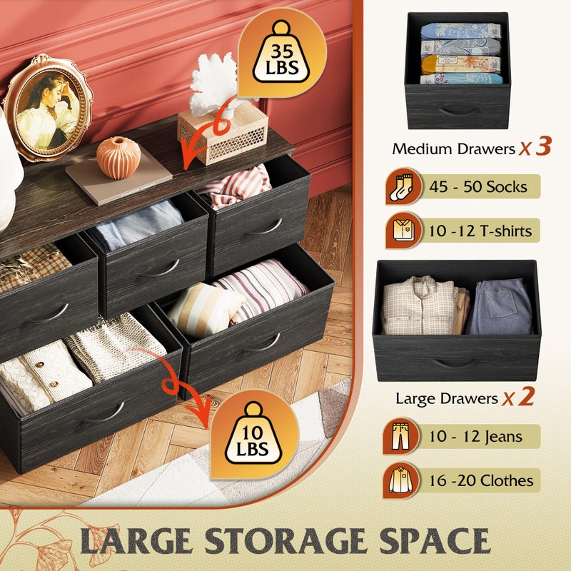 WLIVE Dresser for Bedroom with 5 Drawers, Wide Chest of Drawers, Fabric Dresser, Storage Organizer Unit with Fabric Bins for Closet, Living Room, Hallway, Charcoal Black Wood Grain Print - Image 4