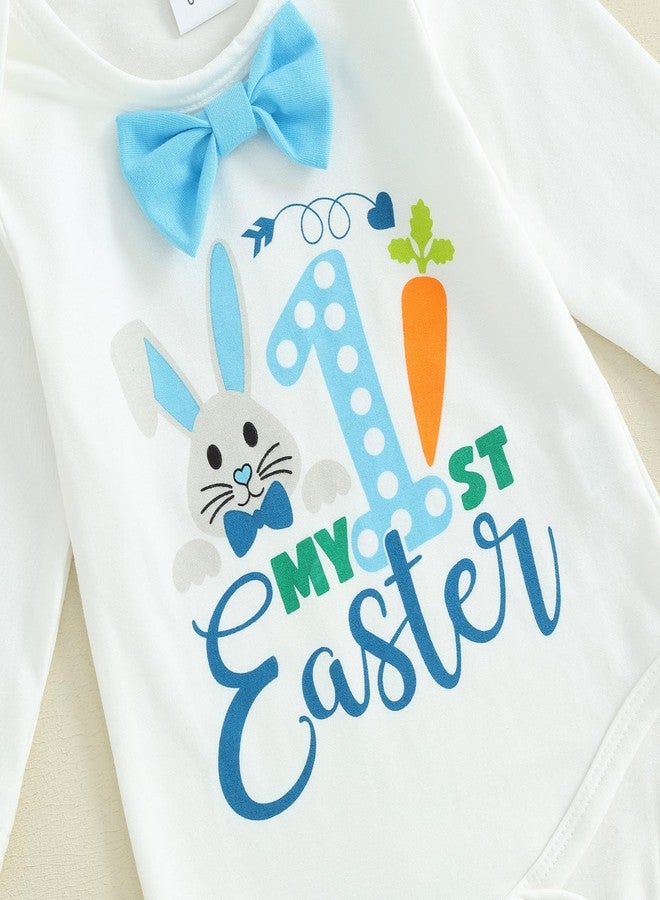 Frietlebird Newborn Baby Boy Easter Outfit Bunny Letter Long Sleeve Romper Suspender Pants Set My First Easter Coming Home Outfit (B-White,0-3 Months) - Image 4