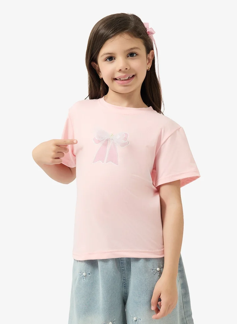 Pinata Bow Print Pearl Detail Cotton Tshirt