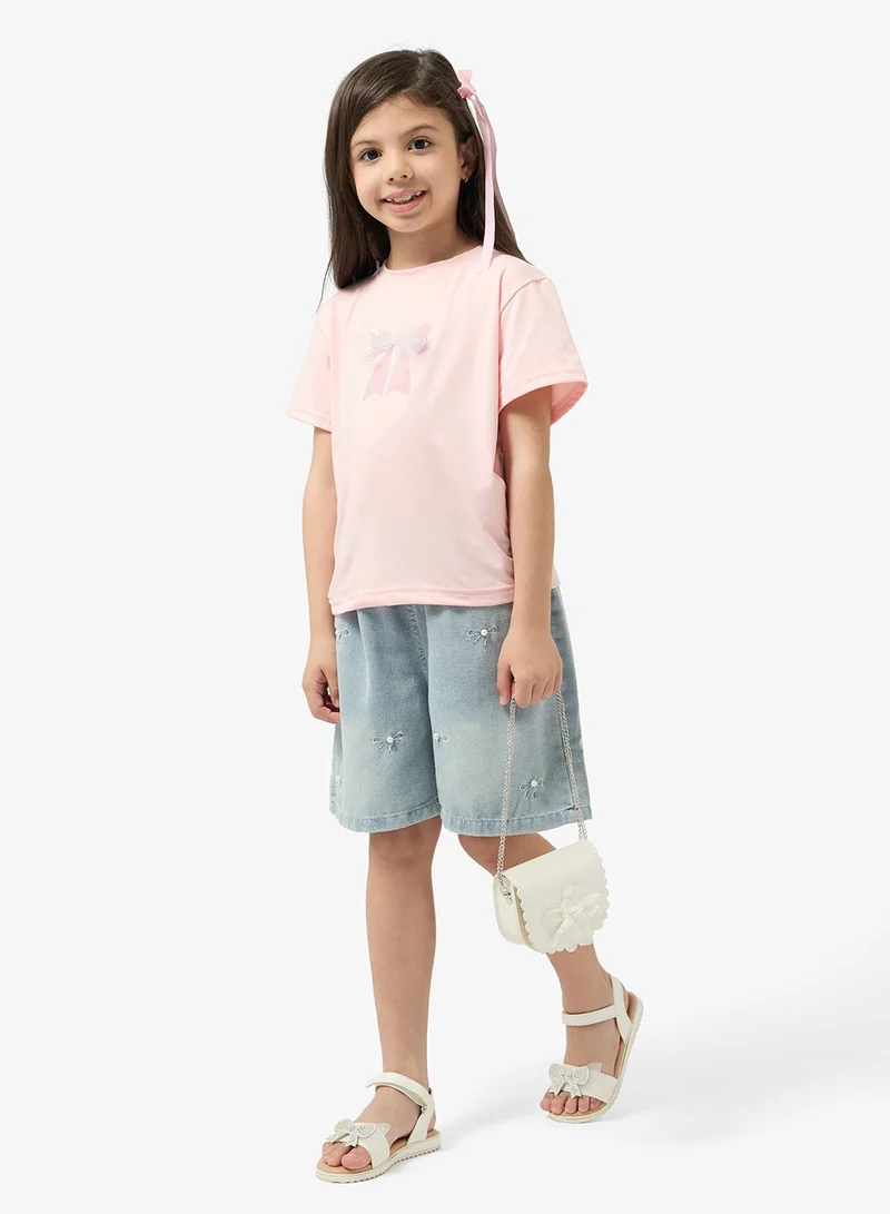 Pinata  Bow Print Pearl Detail Cotton Tshirt for Women | Best Price UAE