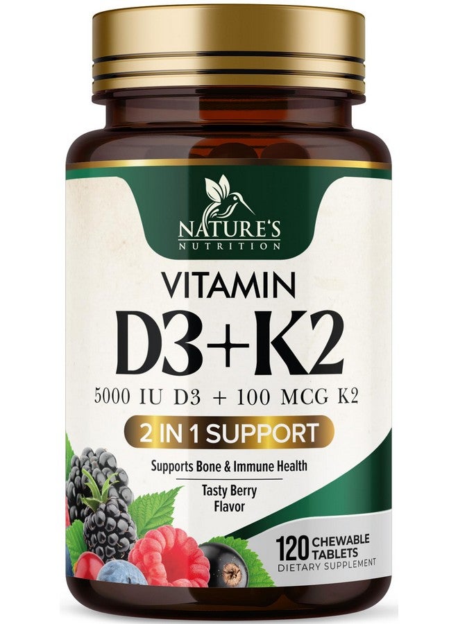 Nature's Nutrition Vitamin D3 5000 IU with K2 100 mcg | K2 MK-7 with D3 Vitamin Supplement, Supports Immune, Heart, Joint, Teeth & Bone Health - Nature's Easy to Swallow, VIT D3 K2, Berry Flavor - 120 Chewable Tablets - Image 1