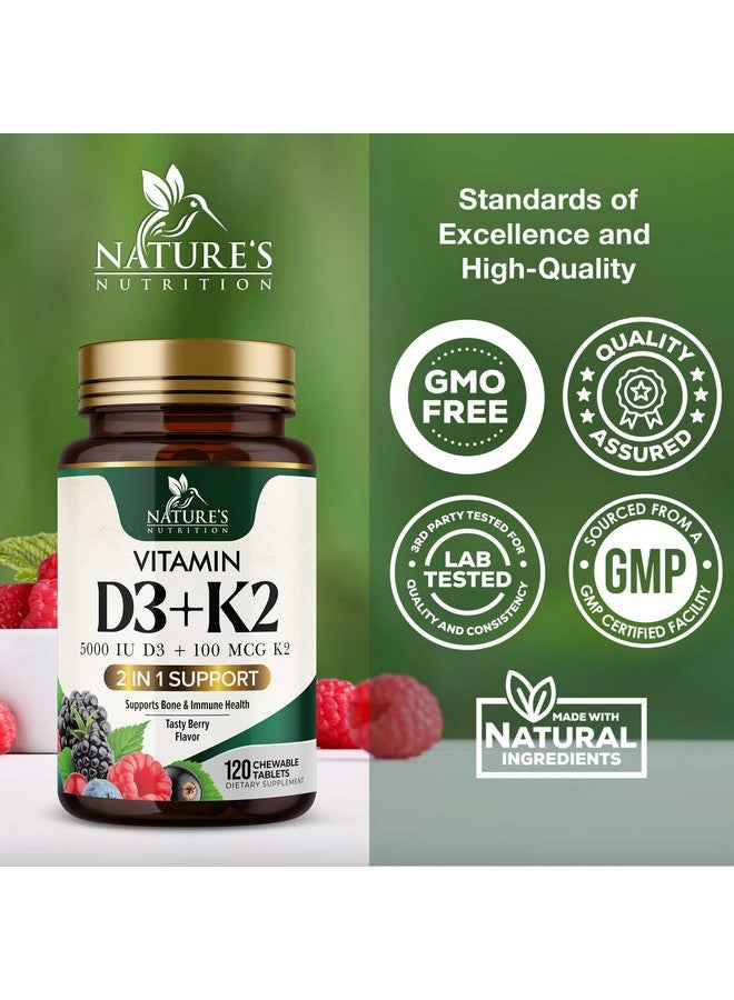 Nature's Nutrition Vitamin D3 5000 IU with K2 100 mcg | K2 MK-7 with D3 Vitamin Supplement, Supports Immune, Heart, Joint, Teeth & Bone Health - Nature's Easy to Swallow, VIT D3 K2, Berry Flavor - 120 Chewable Tablets - Image 4