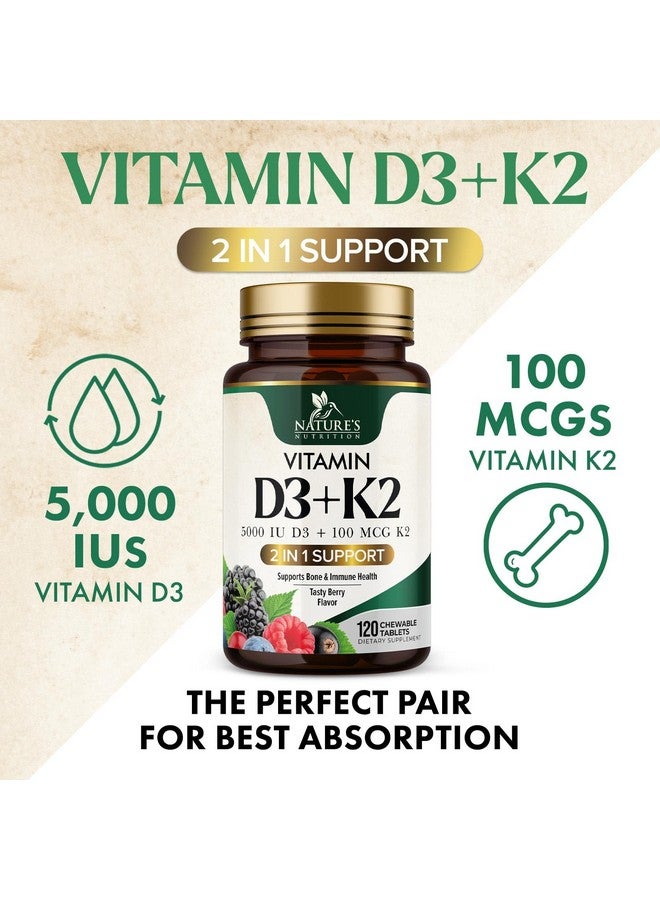 Nature's Nutrition Vitamin D3 5000 IU with K2 100 mcg | K2 MK-7 with D3 Vitamin Supplement, Supports Immune, Heart, Joint, Teeth & Bone Health - Nature's Easy to Swallow, VIT D3 K2, Berry Flavor - 120 Chewable Tablets - Image 3