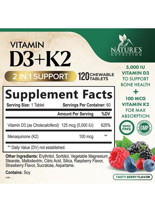 Nature's Nutrition Vitamin D3 5000 IU with K2 100 mcg | K2 MK-7 with D3 Vitamin Supplement, Supports Immune, Heart, Joint, Teeth & Bone Health - Nature's Easy to Swallow, VIT D3 K2, Berry Flavor - 120 Chewable Tablets - Image 2