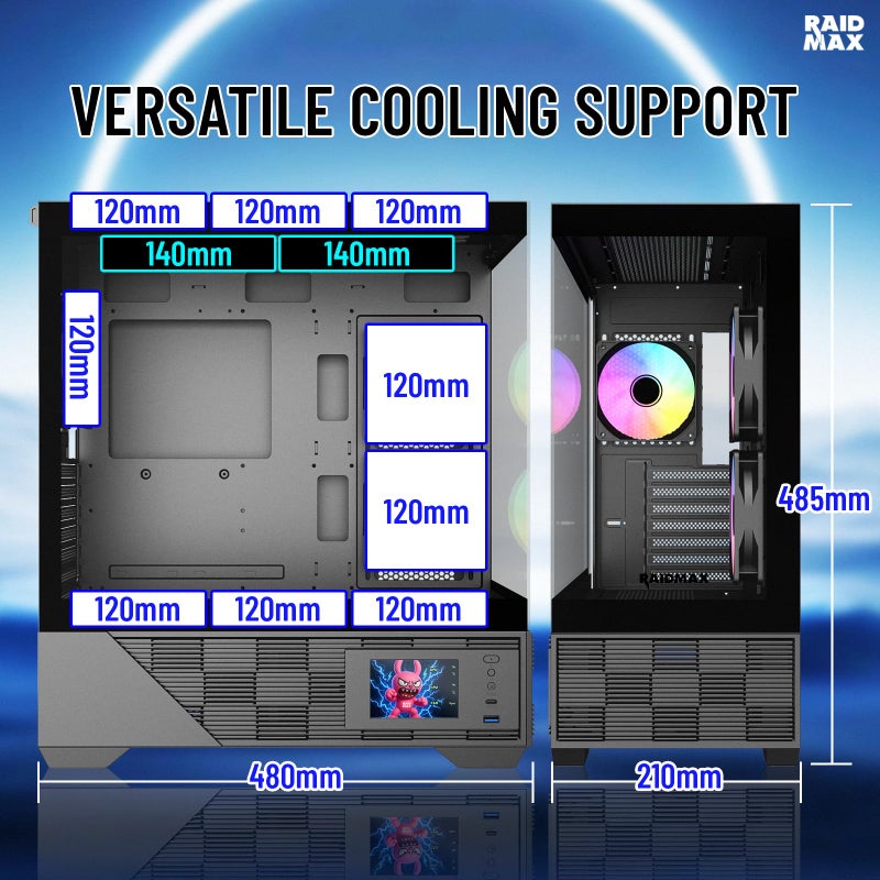 RAIDMAX i803 Premium ATX Gaming PC Case, Panoramic Tempered Glass, Built-in LCD Display Panel, Pre-Installed ARGB Fans, Spacious Mid Tower, Supports 400mm GPU / 360mm Radiator - Image 5