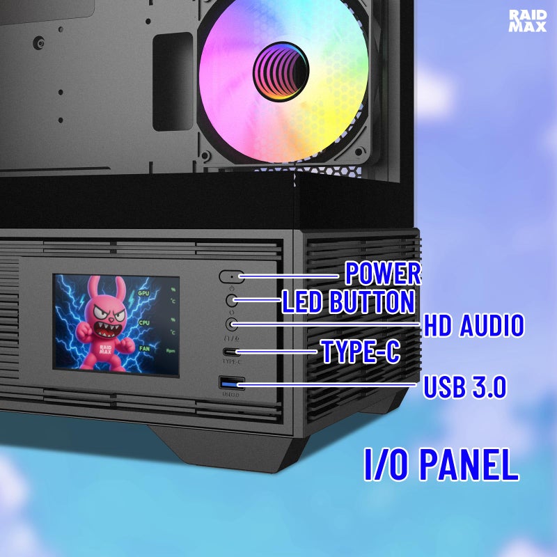 RAIDMAX i803 Premium ATX Gaming PC Case, Panoramic Tempered Glass, Built-in LCD Display Panel, Pre-Installed ARGB Fans, Spacious Mid Tower, Supports 400mm GPU / 360mm Radiator - Image 4