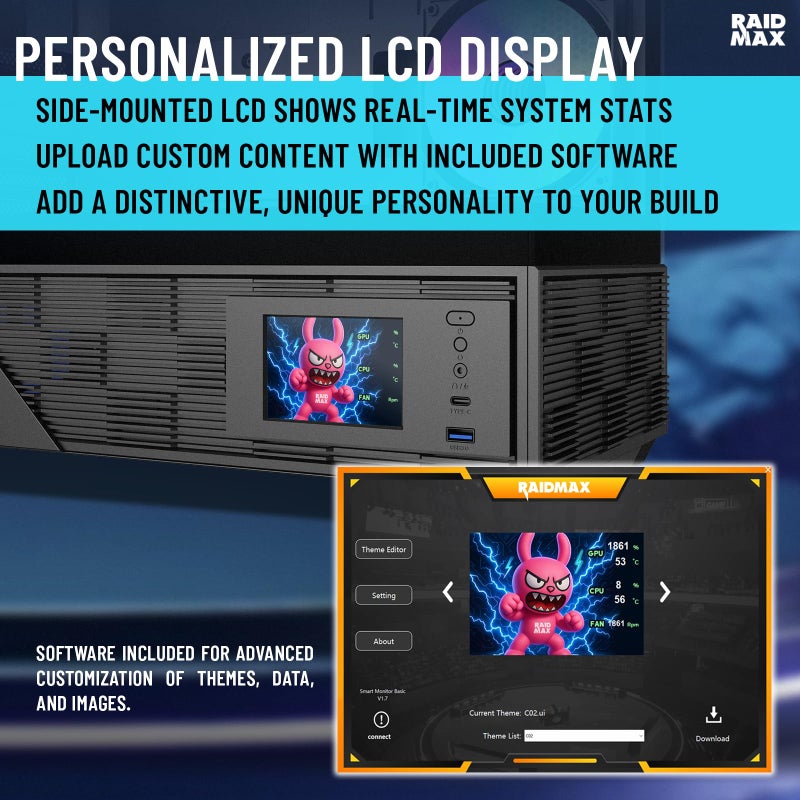 RAIDMAX i803 Premium ATX Gaming PC Case, Panoramic Tempered Glass, Built-in LCD Display Panel, Pre-Installed ARGB Fans, Spacious Mid Tower, Supports 400mm GPU / 360mm Radiator - Image 3