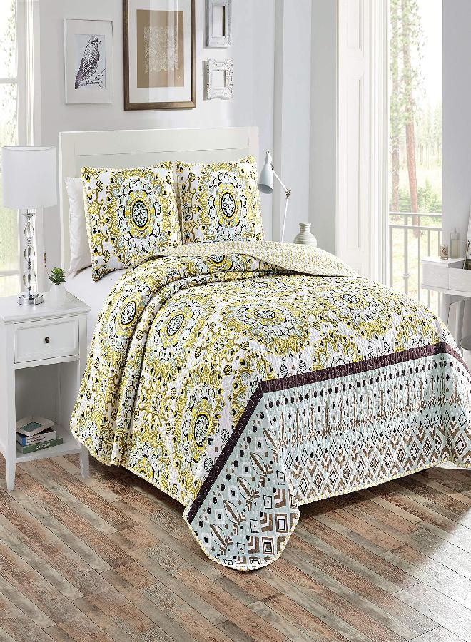 Home Collection 3pc King/Cal King Quilted Bedspread Set Floral Bedding Yellow White Dark Brown Cool Mint Green New # Sara - Image 4