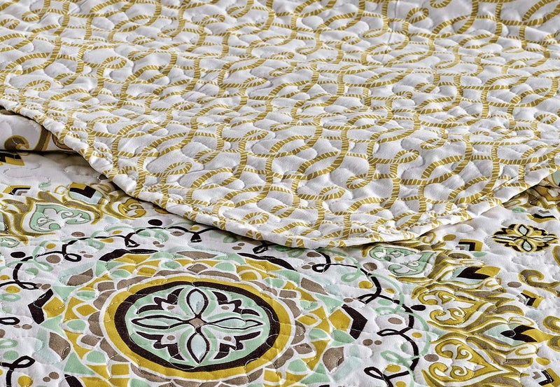 Home Collection 3pc King/Cal King Quilted Bedspread Set Floral Bedding Yellow White Dark Brown Cool Mint Green New # Sara - Image 3