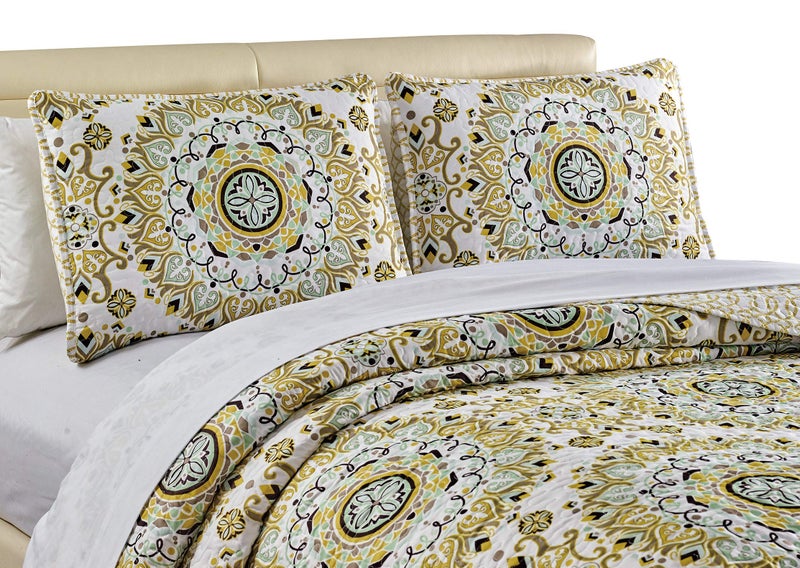 Home Collection 3pc King/Cal King Quilted Bedspread Set Floral Bedding Yellow White Dark Brown Cool Mint Green New # Sara - Image 2