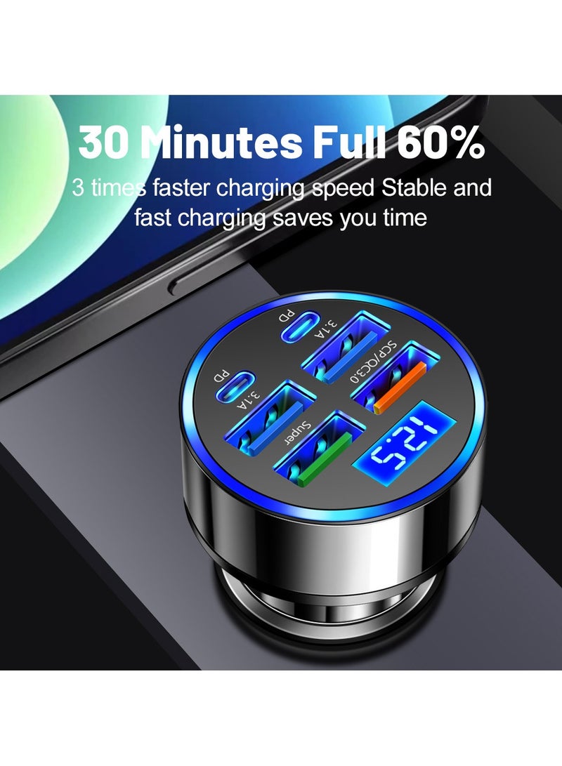 EzzySo 6Ports Car Charger 2 PD 4 USB Super Fast Charge 100W Car Charger Fast Charge with LED Light Display Car Charger Adapter Black - Image 3