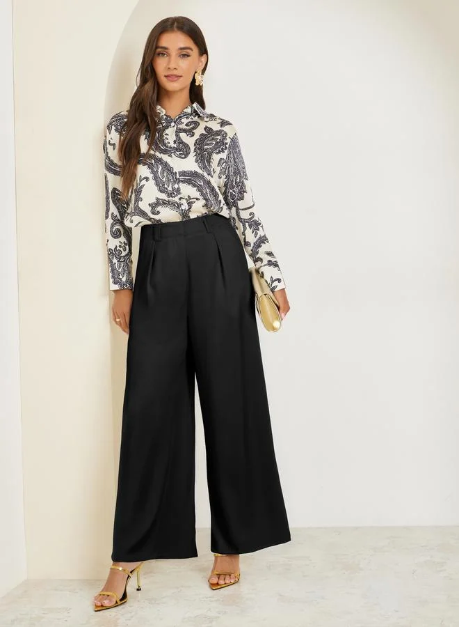 Styli Black Paisley Print Long Sleeve Satin Shirt