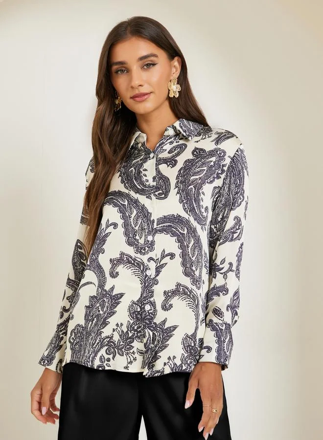 Styli Black Paisley Print Long Sleeve Satin Shirt