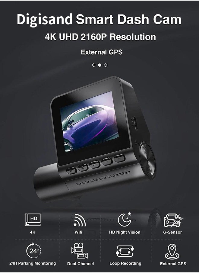 Digisand 4K Dual Camera Dash Cam for Cars Dual-channel Record External GPS ADAS Car DVR 24H Parking Monitoring 1080P HD Rear Cam Recorder With 64GB Card  - Image 2