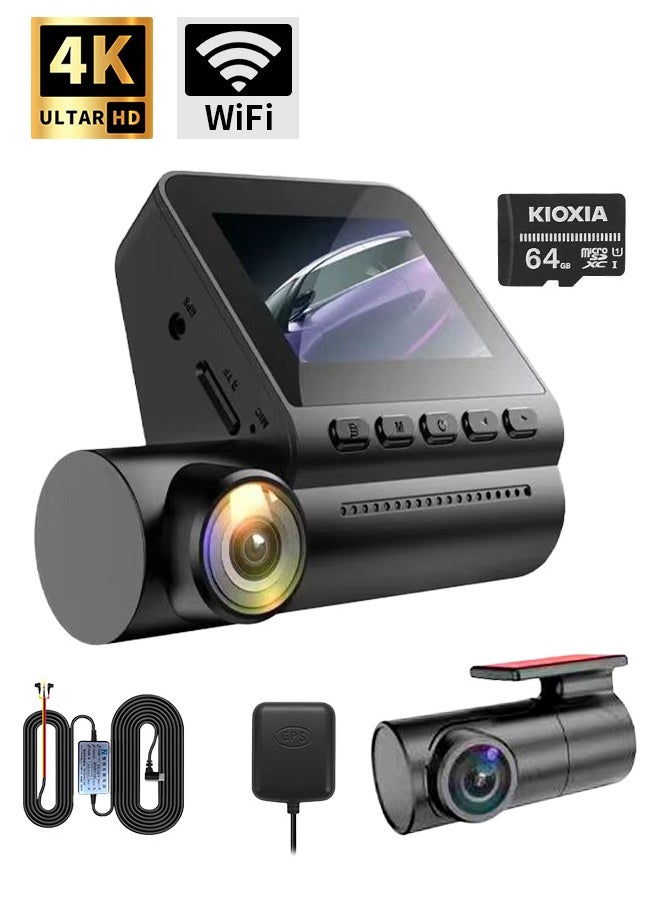 Digisand 4K Dual Camera Dash Cam for Cars Dual-channel Record External GPS ADAS Car DVR 24H Parking Monitoring 1080P HD Rear Cam Recorder With 64GB Card  - Image 1