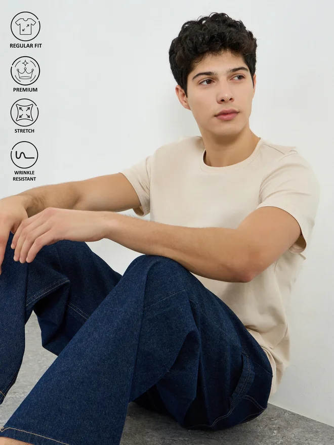 Styli Men Beige Cotton Crew Neck T-Shirt