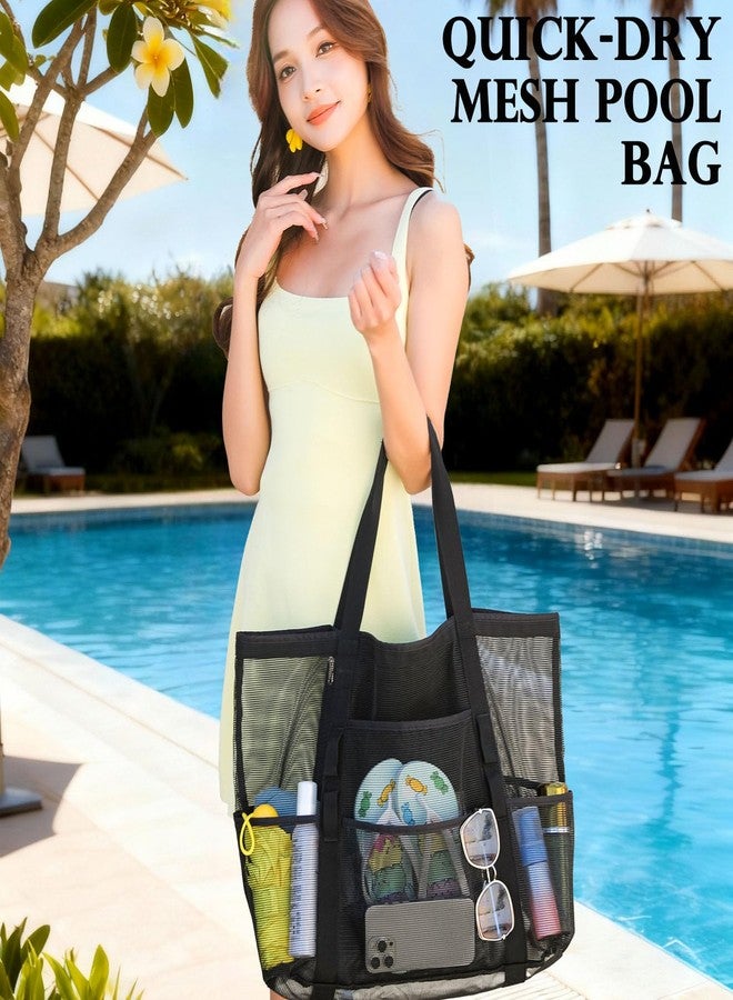 Fammart Mesh Beach Bag, Large Beach Tote with Zipper Pocket for Family Pool Bag for Toys & Vacation Essentials, Large - Dark Black, Large, Fashion - Image 2