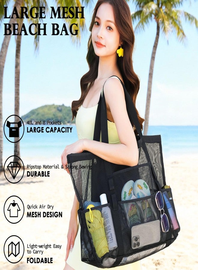 Fammart Mesh Beach Bag, Large Beach Tote with Zipper Pocket for Family Pool Bag for Toys & Vacation Essentials, Large - Dark Black, Large, Fashion - Image 3