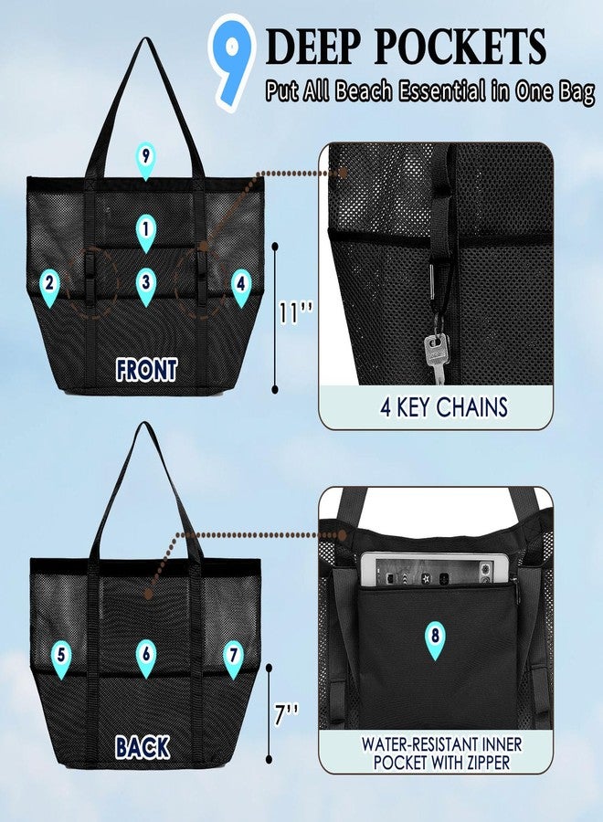 Fammart Mesh Beach Bag, Large Beach Tote with Zipper Pocket for Family Pool Bag for Toys & Vacation Essentials, Large - Dark Black, Large, Fashion - Image 5